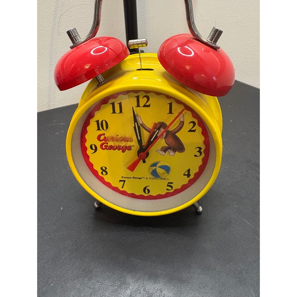 Vintage Curious George Twin Bell Alarm Clock Yellow Red 2002 HMCo Retro Decor